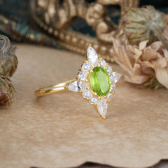 4 Prong Vintage 1 Carat Oval Cut Cluster Peridot Engagement Ring