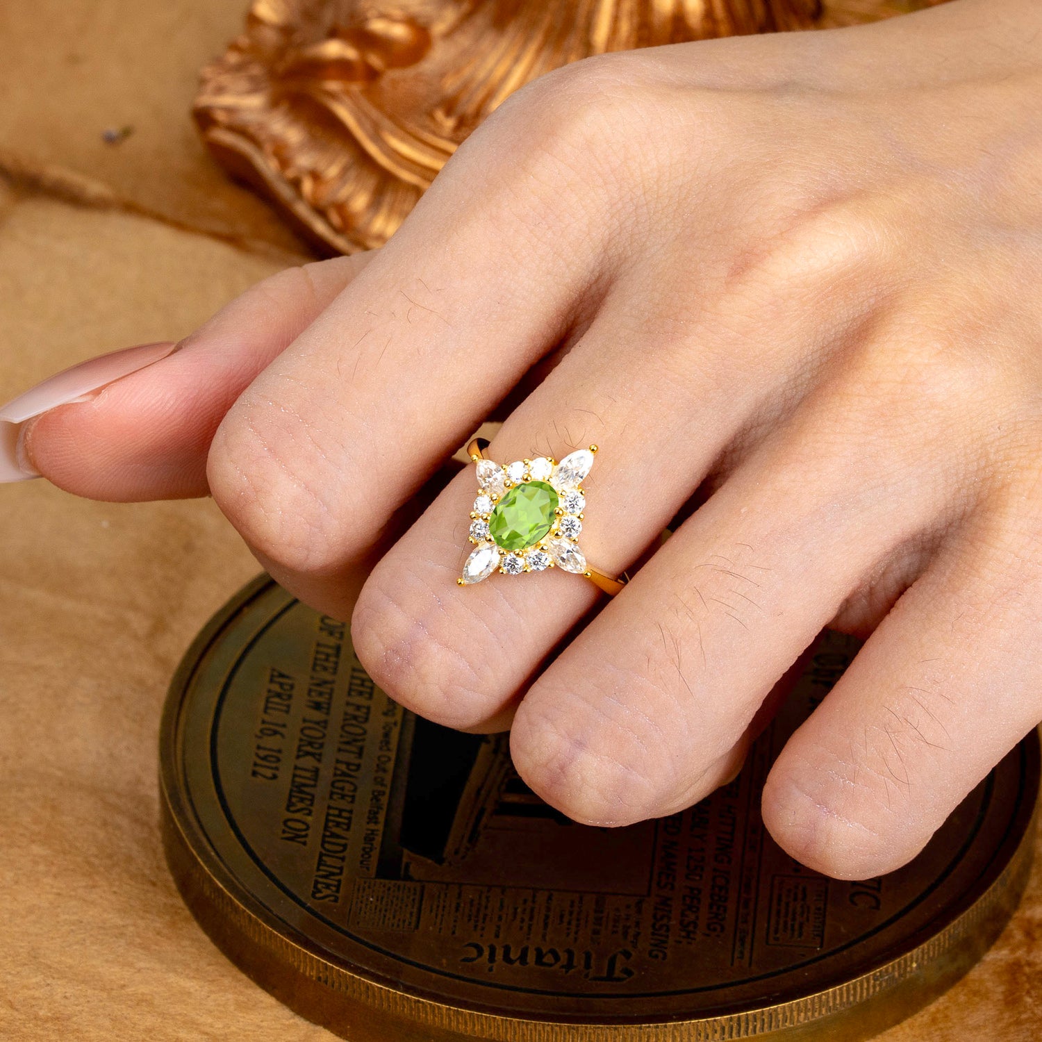 4 Prong Vintage 1 Carat Oval Cut Cluster Peridot Engagement Ring