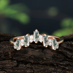 Baguette Cut Unique Moss Agate Promise Ring Curved Wedding Band
