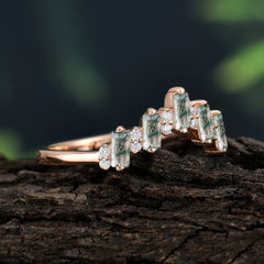 Baguette Cut Unique Moss Agate Promise Ring Curved Wedding Band