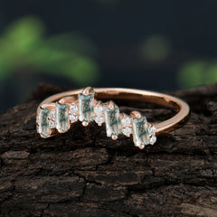Baguette Cut Unique Moss Agate Promise Ring Curved Wedding Band