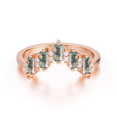 Baguette Cut Unique Moss Agate Promise Ring Curved Wedding Band