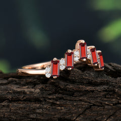 Baguette Cut Unique Garnet Promise Ring Curved Wedding Band