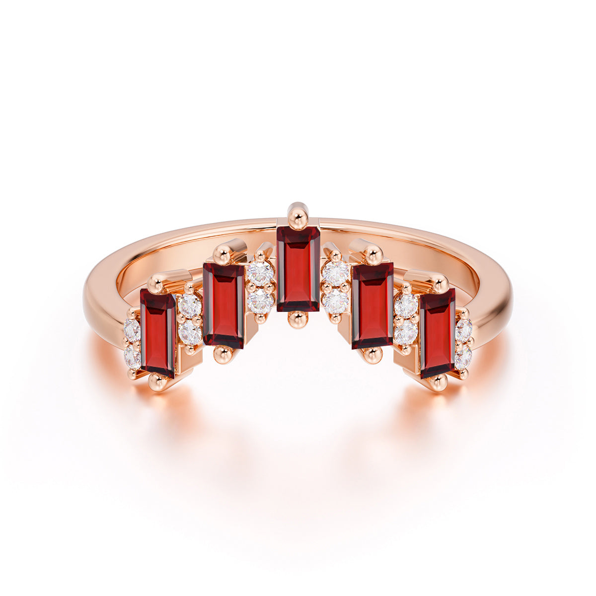 Baguette Cut Unique Garnet Promise Ring Curved Wedding Band