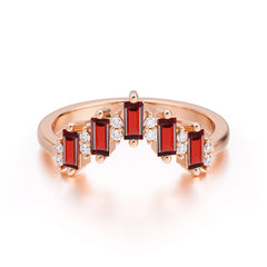 Baguette Cut Unique Garnet Promise Ring Curved Wedding Band