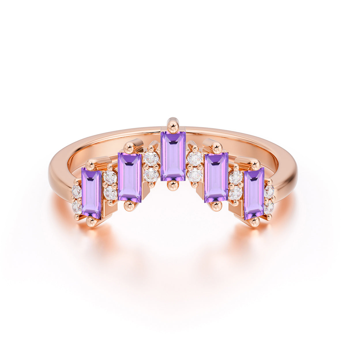 Baguette Cut Unique Amethyst Promise Ring Curved Wedding Band