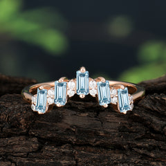 Baguette Cut Unique Aquamarine Promise Ring Curved Wedding Band
