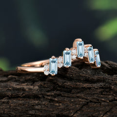 Baguette Cut Unique Aquamarine Promise Ring Curved Wedding Band