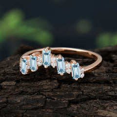 Baguette Cut Unique Aquamarine Promise Ring Curved Wedding Band