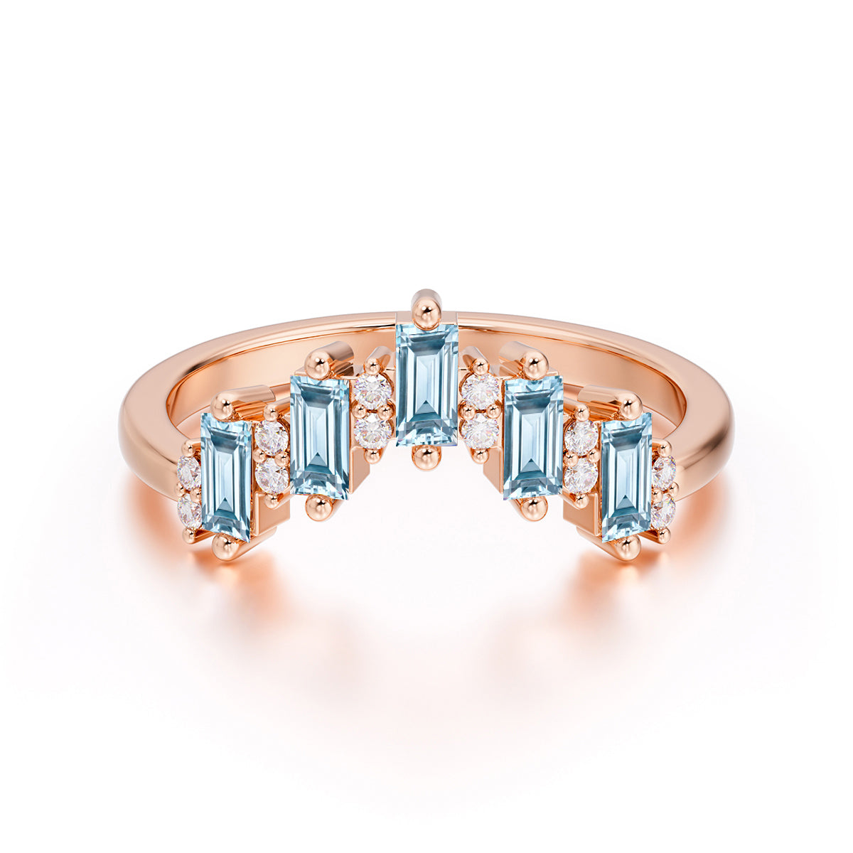 Baguette Cut Unique Aquamarine Promise Ring Curved Wedding Band