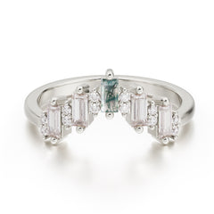 Baguette Cut Unique Moss Agate Promise Ring Curved Wedding Band
