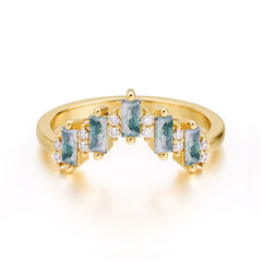 Baguette Cut Unique Moss Agate Promise Ring Curved Wedding Band