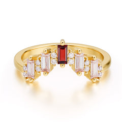 Baguette Cut Unique Garnet Promise Ring Curved Wedding Band