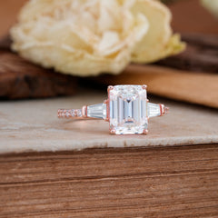 3 Carat Emerald Cut Moissanite Ring Three Stone Engagement Ring