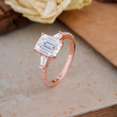3 Carat Emerald Cut Moissanite Ring Three Stone Engagement Ring