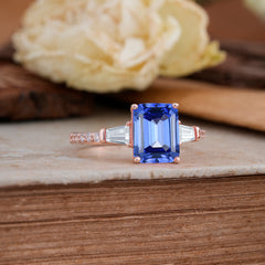 3 Carat Emerald Cut Sapphire Ring Three Stone Engagement Ring