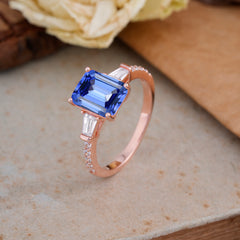 3 Carat Emerald Cut Sapphire Ring Three Stone Engagement Ring