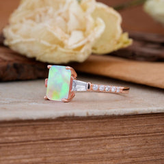 3 Carat Emerald Cut Opal Ring Three Stone Engagement Ring