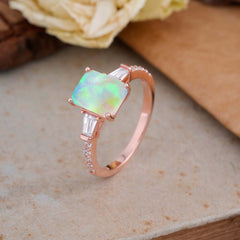 3 Carat Emerald Cut Opal Ring Three Stone Engagement Ring