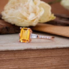 3 Carat Emerald Cut Citrine Ring Three Stone Engagement Ring