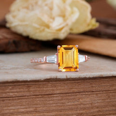 3 Carat Emerald Cut Citrine Ring Three Stone Engagement Ring
