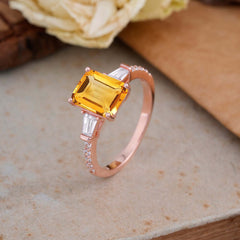 3 Carat Emerald Cut Citrine Ring Three Stone Engagement Ring