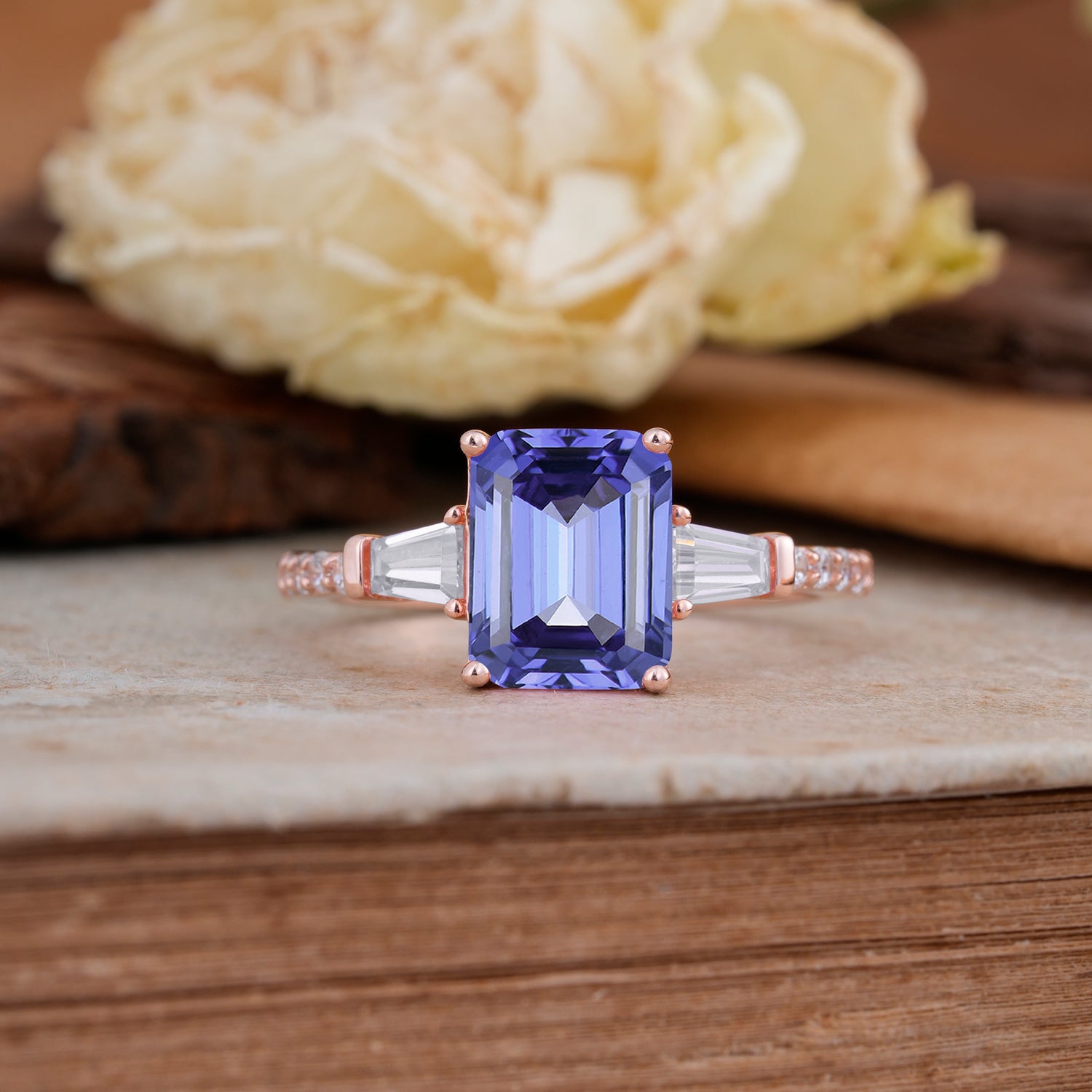 3 Carat Emerald Cut Tanzanite Ring Three Stone Engagement Ring