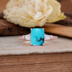 3 Carat Emerald Cut Turquoise Ring Three Stone Engagement Ring