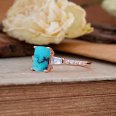 3 Carat Emerald Cut Turquoise Ring Three Stone Engagement Ring