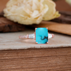 3 Carat Emerald Cut Turquoise Ring Three Stone Engagement Ring