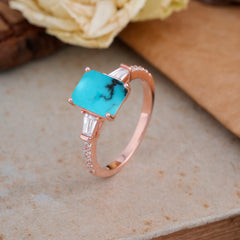 3 Carat Emerald Cut Turquoise Ring Three Stone Engagement Ring
