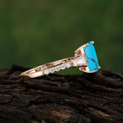 3 Carat Emerald Cut Turquoise Ring Three Stone Engagement Ring