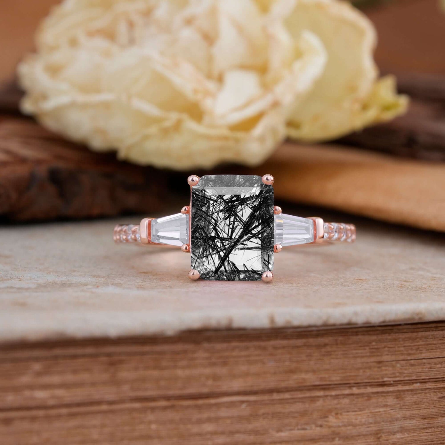 3 Carat Emerald Cut Black Rutilated Quartz Ring Three Stone Engagement Ring