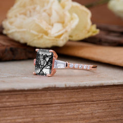 3 Carat Emerald Cut Black Rutilated Quartz Ring Three Stone Engagement Ring