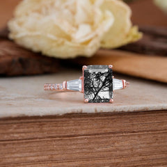 3 Carat Emerald Cut Black Rutilated Quartz Ring Three Stone Engagement Ring