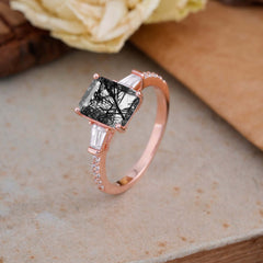 3 Carat Emerald Cut Black Rutilated Quartz Ring Three Stone Engagement Ring