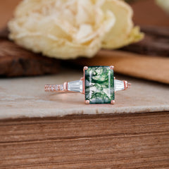 3 Carat Emerald Cut Moss Agate Ring Three Stone Engagement Ring