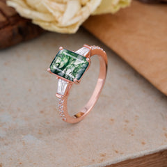 3 Carat Emerald Cut Moss Agate Ring Three Stone Engagement Ring