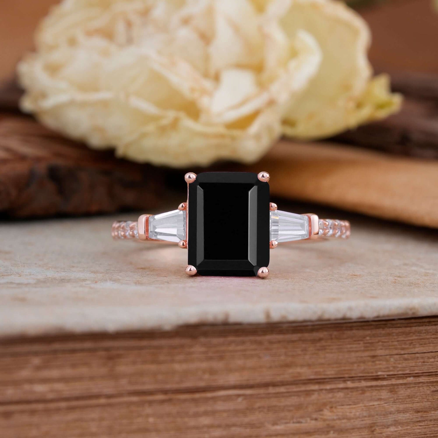 3 Carat Emerald Cut Black Onyx Ring Three Stone Engagement Ring