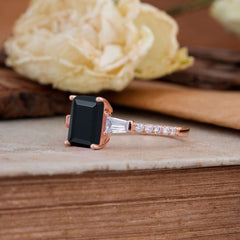 3 Carat Emerald Cut Black Onyx Ring Three Stone Engagement Ring