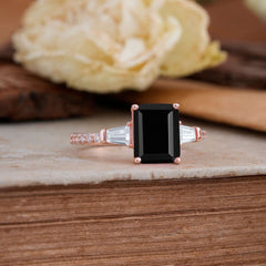 3 Carat Emerald Cut Black Onyx Ring Three Stone Engagement Ring