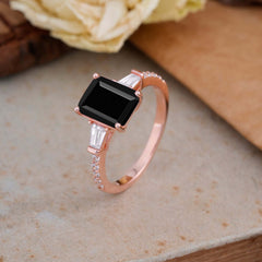 3 Carat Emerald Cut Black Onyx Ring Three Stone Engagement Ring