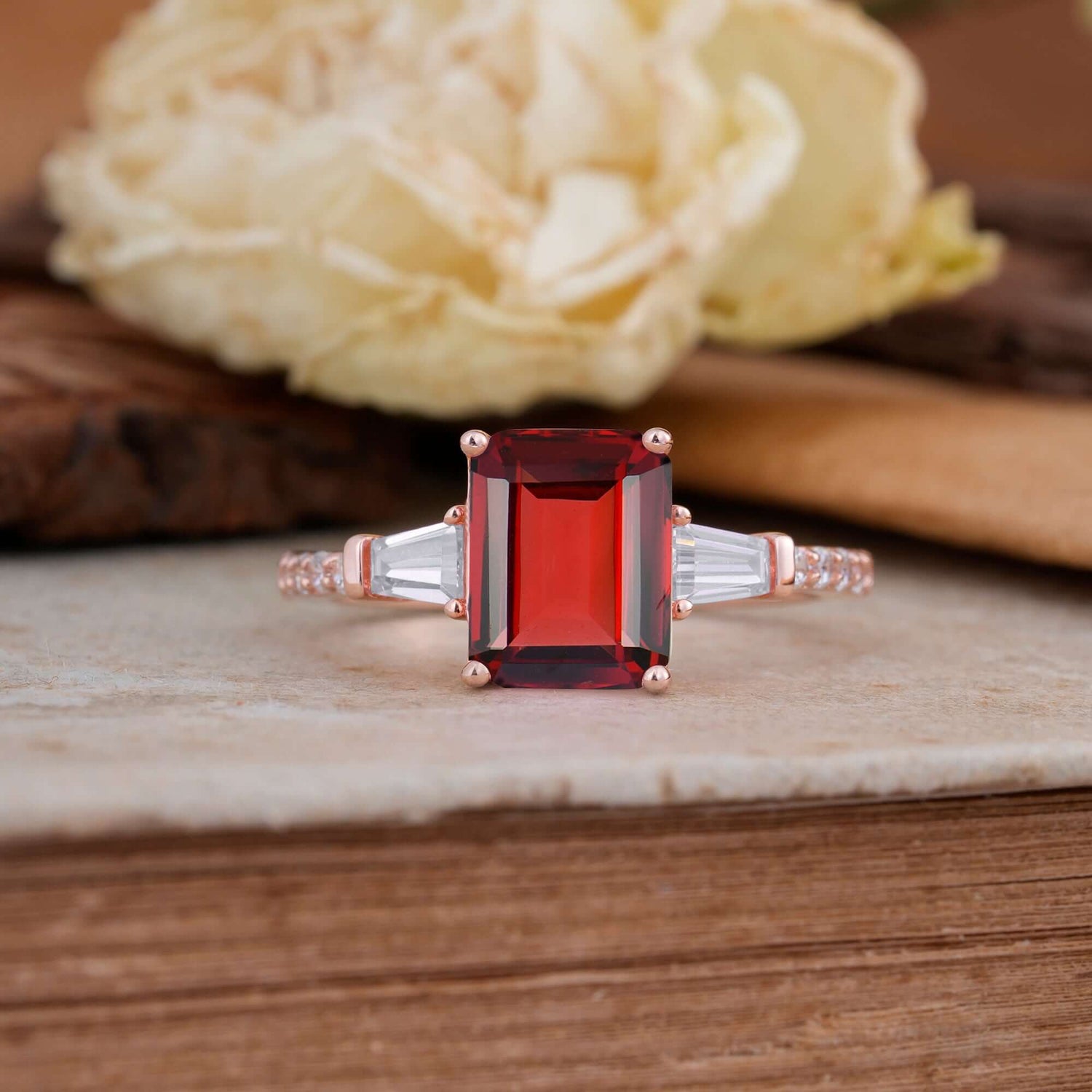 3 Carat Emerald Cut Garnet Ring Three Stone Engagement Ring