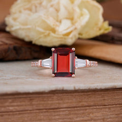 3 Carat Emerald Cut Garnet Ring Three Stone Engagement Ring