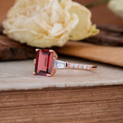 3 Carat Emerald Cut Garnet Ring Three Stone Engagement Ring