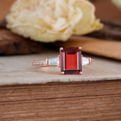3 Carat Emerald Cut Garnet Ring Three Stone Engagement Ring