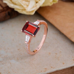 3 Carat Emerald Cut Garnet Ring Three Stone Engagement Ring