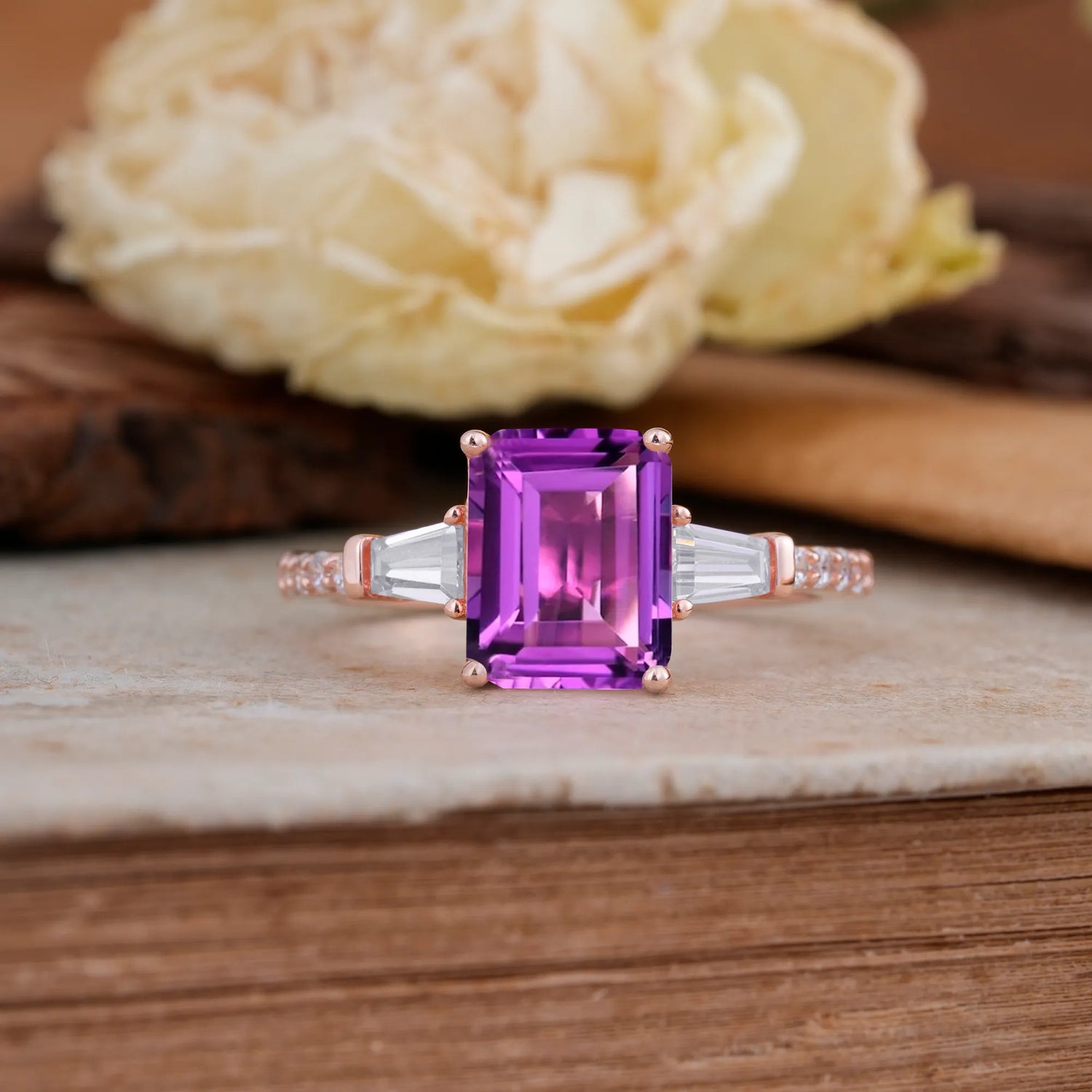 3 Carat Emerald Cut Amethyst Ring Three Stone Engagement Ring