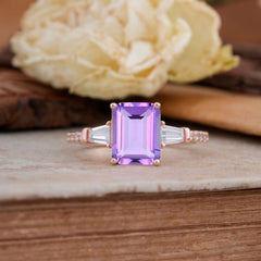 3 Carat Emerald Cut Amethyst Ring Three Stone Engagement Ring