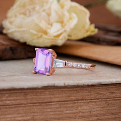 3 Carat Emerald Cut Amethyst Ring Three Stone Engagement Ring